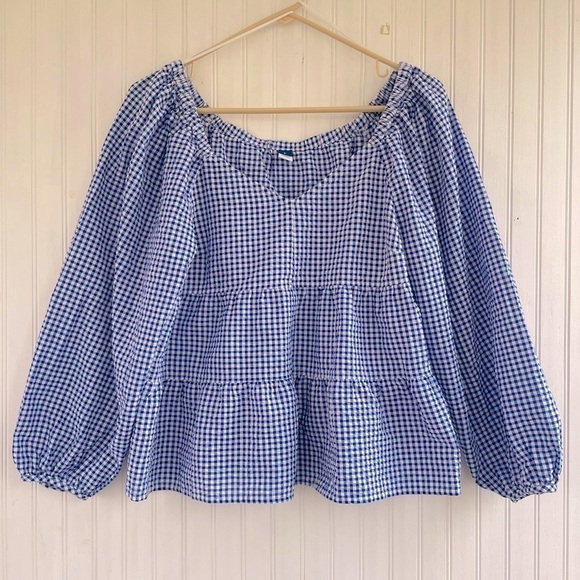 Old Navy Women’s Blue White Mini Gingham Tiered Long-sleeve Top Size Small - Picture 1 of 7
